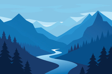 Fototapeta premium Blue Mountain Valley with River and Evergreen Trees Flat Illustration