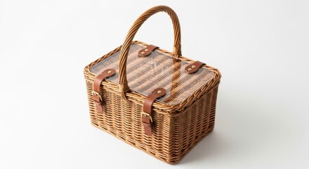 Classic Woven Picnic Basket with Leather Straps and Striped Lid