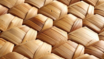 Obraz premium Close up rattan cane hex weave warm honey wallpaper background representing handmade texture detail suitable for rustic organic design