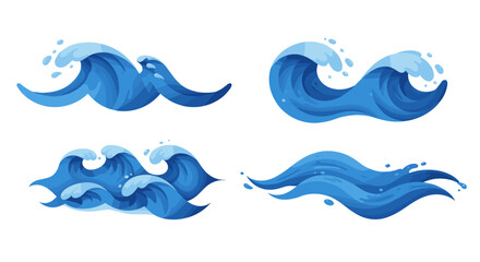 Stylized blue ocean waves with splashing water elements on white background