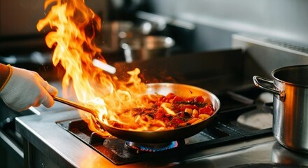 Stir Fry Cooking with Intense Flames in a Commercial Kitchen | Professional Chef Preparing Food on Stovetop for Restaurant Menu or Culinary Blog