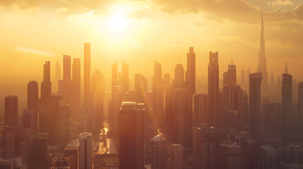 Fototapeta premium modern city skyline at golden hour, skyscrapers reflecting sunlight, cinematic wide shot, clean composition, 16:9