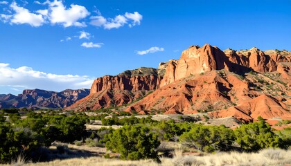 Fototapeta premium A scenic landscape features vibrant red sandstone formations under a bright blue sky dotted with white clouds. The foreground is filled with green shrubs and golden grass, creating contrast