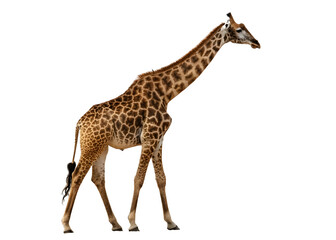 Fototapeta premium A Single Adult Giraffe Walking Right Profile View Realistic Brown Tan Patchwork Skin Coat Pattern isolated on a transparent background