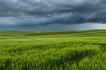 Obraz premium Vast green field under a looming storm cloud