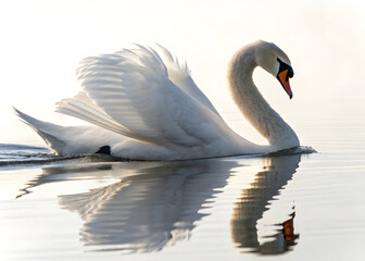 Naklejka premium A Graceful White Swan Swimming on Calm Water Its Wings Partially Spread Reflecting in the Still Surface at Dawn