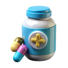 Medical bottle with pills and cross symbol isolated on transparent background