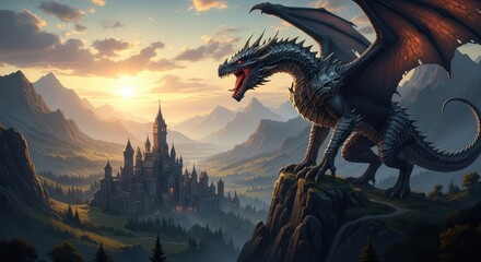 Fototapeta premium Majestic Dragon Overseeing a Mystical Castle Kingdom at Sunrise