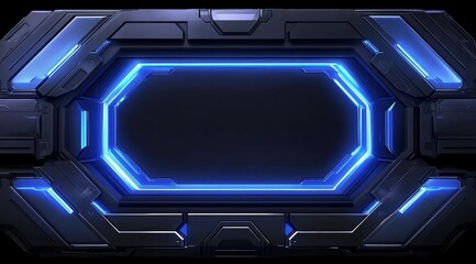 Futuristic Panel with Blue Neon Lights and Dark Metallic Frame