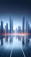 Futuristic Cityscape with Reflective Surfaces and Glowing Lines