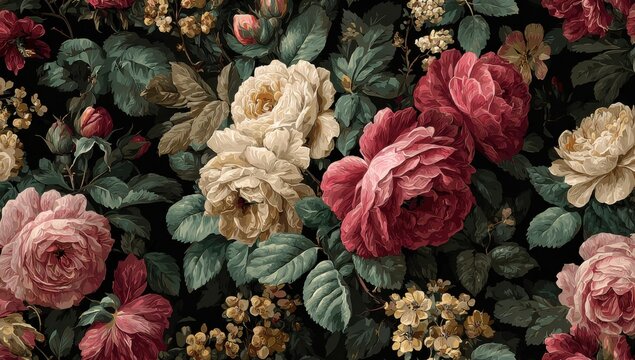 Rich, detailed floral print of roses and foliage on a dark background