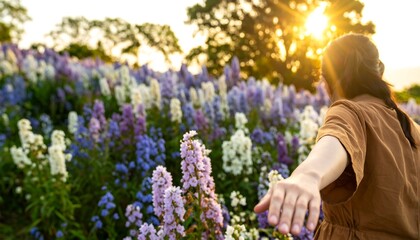 Woman walking through flowers at sunset
