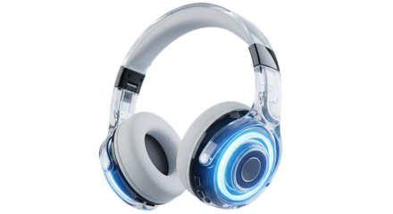 Modern wireless headphones with blue glowing light effects and transparent design isolated