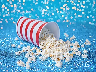 Photo of spilled popcorn from a striped bucket on a glittery blue background