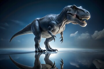 Tyrannosaurus Rex Standing on Reflective Surface with Dramatic Lighting and Sky