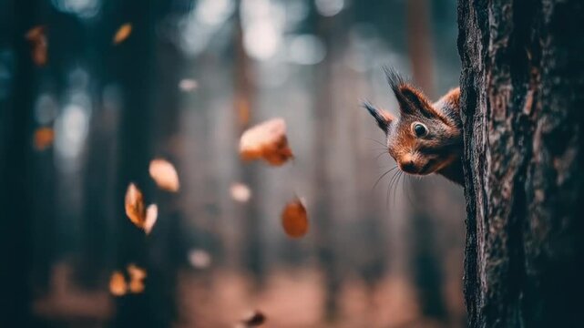 A curious red squirrel peers out from behind a tree trunk, surrounded by falling autumn leaves in a serene forest.