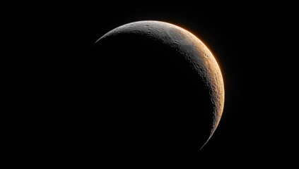 Crescent moon, illuminated by a soft, golden light, against a deep black background.  The textured surface of the moon is visible