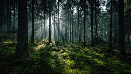 Sunbeams piercing a misty forest