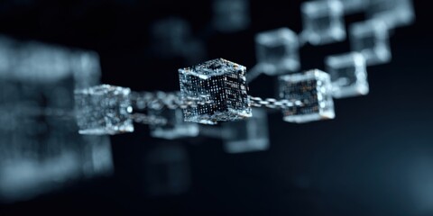 Abstract network of connected cubes.  Interlocking digital blocks,  forming a chain