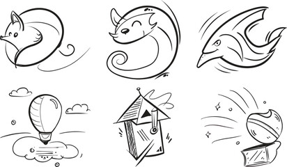 Vector art of set of six whimsical handdrawn illustrations with animals and objects