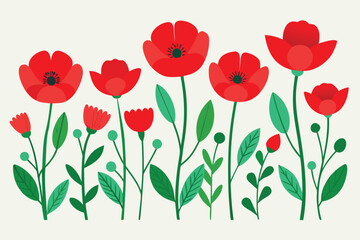 Fototapeta premium Flat Design Red Poppy Flowers with Green Leaves and Branches Against Cream Background