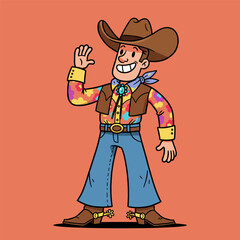 Cheerful cartoon cowboy waving, in floral shirt, brown hat, blue neckerchief, and flared jeans.