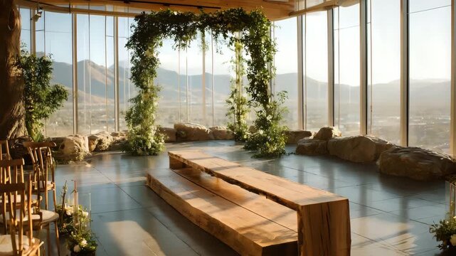 Mountain view wedding setup with wood altar, fresh greenery, clear seating rows and ambient golden light