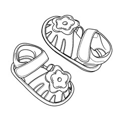 Black and white line drawing of a pair of baby sandals. The sandals have adjustable straps and a small flower design on the upper part of the shoe. Suitable for coloring or use as a illustration.