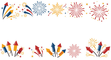 Colorful festive firework and rocket border with burst patterns