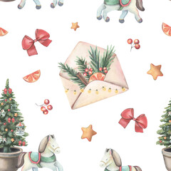 Seamless Christmas pattern with toy horses, trees, bows, stars, oranges, festive envelopes. Hand-drawn clipart isolated on white for wrapping paper, fabric, cards, invitations, digital designs