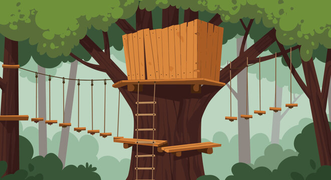 Treehouse adventure park with rope bridges and platforms in forest setting - Powered by Adobe