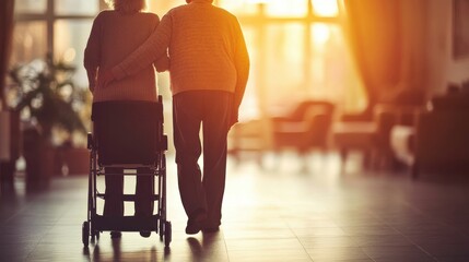 representing mobility challenges in aging, blurred background of a warm home setting, space for text