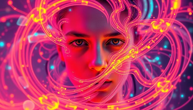 A face, partially obscured by swirling, neon-hued digital streams and fractal patterns, evokes a sense of futuristic mystery,  pattern,  glitch - Powered by Adobe