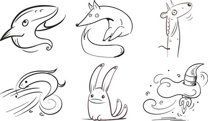 Vector art of collection of six whimsical animal doodles