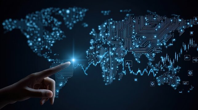  Interactive World Map with Circuit Board Pattern and Analytics Overlay - Global Data Visualization, Technology Intelligence Concept, Blue Luminescent Effect
