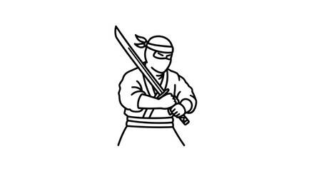 A simple black and white line art illustration of a masked ninja warrior holding a katana sword in a ready stance.