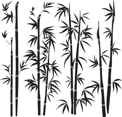 Obraz premium Elegant Bamboo Silhouettes: A minimalist artwork of bamboo stalks and leaves, rendered in striking black and white. Symbolizing resilience and grace.