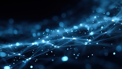 Abstract network of glowing points and lines in dark blue.  A wave-like pattern of interconnected particles, creating a sense of digital flow