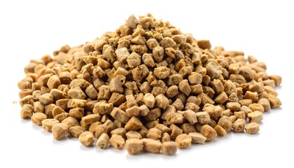 Pile of small brown granules on white background