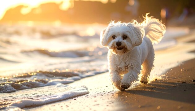 A fluffy white dog frolics on a sandy beach as the golden sun sets, casting a warm glow across the shoreline and gentle waves. The dog is playful and carefree - Powered by Adobe