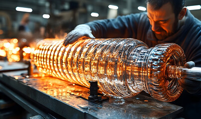 Glassblower Shaping Molten Glass Cylinder in Factory