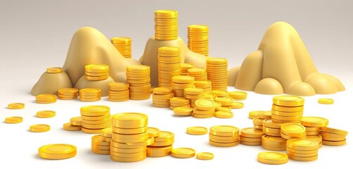Cartoon gold coin piles, various sizes & shapes, neat stacks, heaps, mountains; isolated on white background,  heap,   background