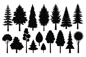 Silhouette Collection of Different Tree Types Pine, Broadleaf, and Unique Shapes Isolated on White