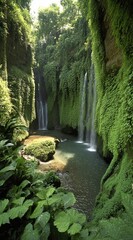 Naklejka premium Lush green foliage clings to canyon walls where two waterfalls cascade into a clear pool. Sunlight filters through the dense canopy above