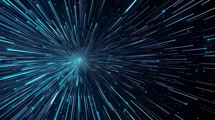 Radiating blue light streaks converge at a central point against a dark background, creating a dynamic and futuristic visual effect.
