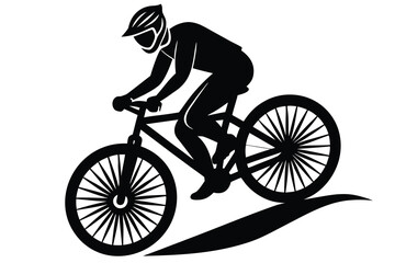 Fototapeta premium Silhouette Illustration Cyclist in Helmet Riding Mountain Bike on Trail, Black and White