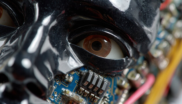 Futuristic Cyborg Face – Metallic Android with Glowing Eyes, Circuitry, and Synthetic Armor in Sci-Fi Close-Up