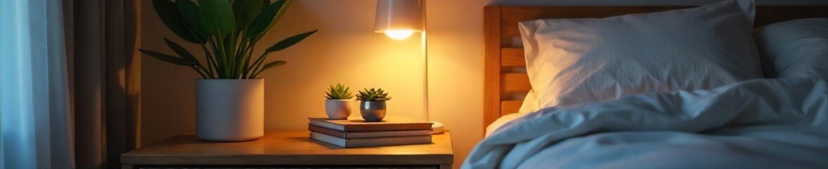 Stylish Nightstand Setup Cozy Lamp, Books, Succulent, Perfect for Relaxing Bedtime Routine and Home Decor Inspiration
