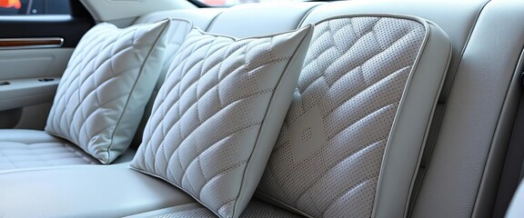 Close-up of elegant white leather car sofa cushions with vintage geometric pattern, retro style, closeup, white leather sofa
