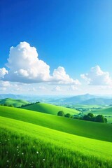 Serene vista of a rolling green hill landscape under a vibrant blue sky, dotted with fluffy white clouds Perfect for travel, nature, and environmental projects , calm, earth, wallpaper